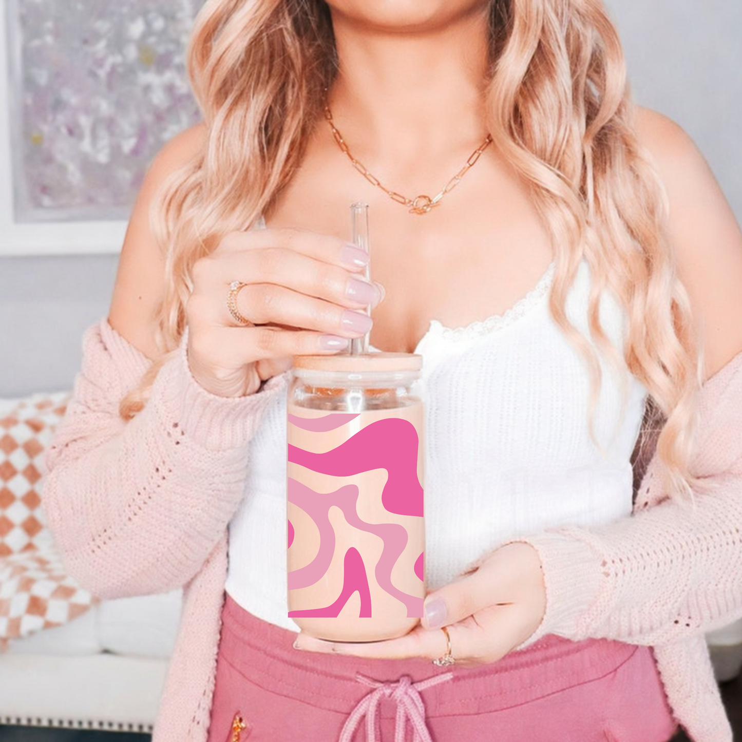 Pink Swirl Cute 16oz Sipper Glass