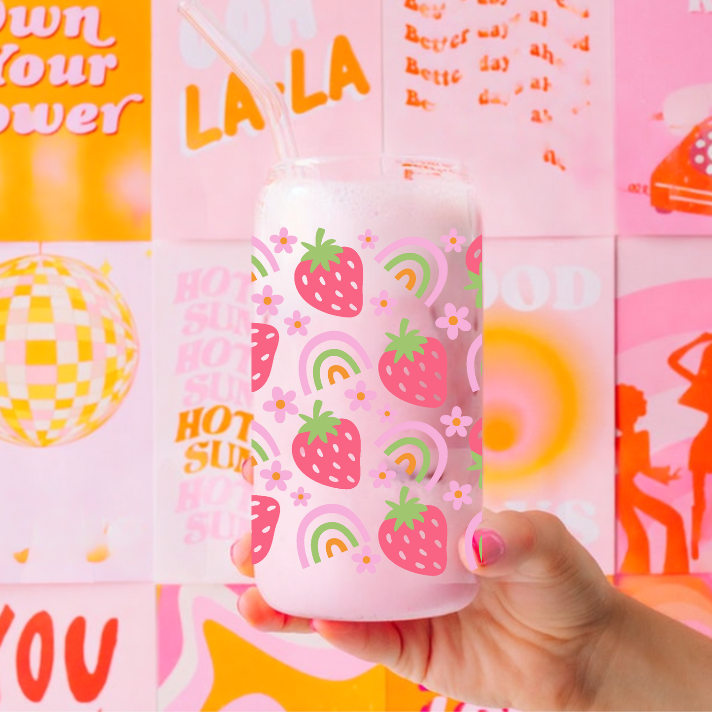 Strawberries and Rainbows Cute 16oz Sipper Glass