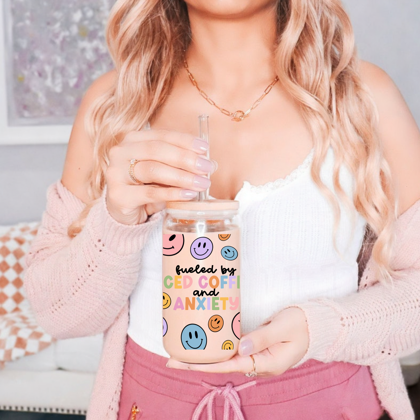 Fueled By Iced Coffee and Anxiety Cute 16oz Sipper Glass