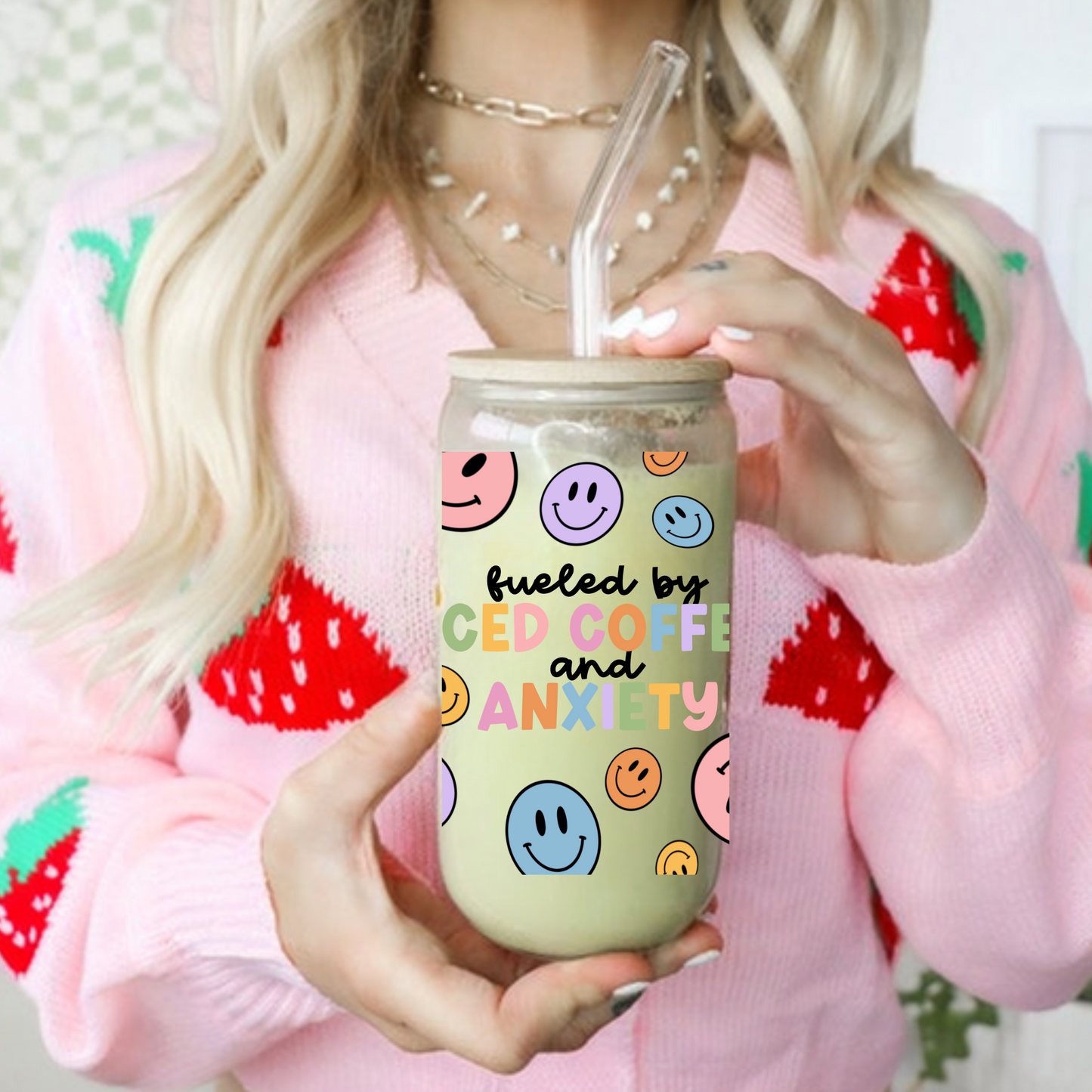 Fueled By Iced Coffee and Anxiety Cute 16oz Sipper Glass