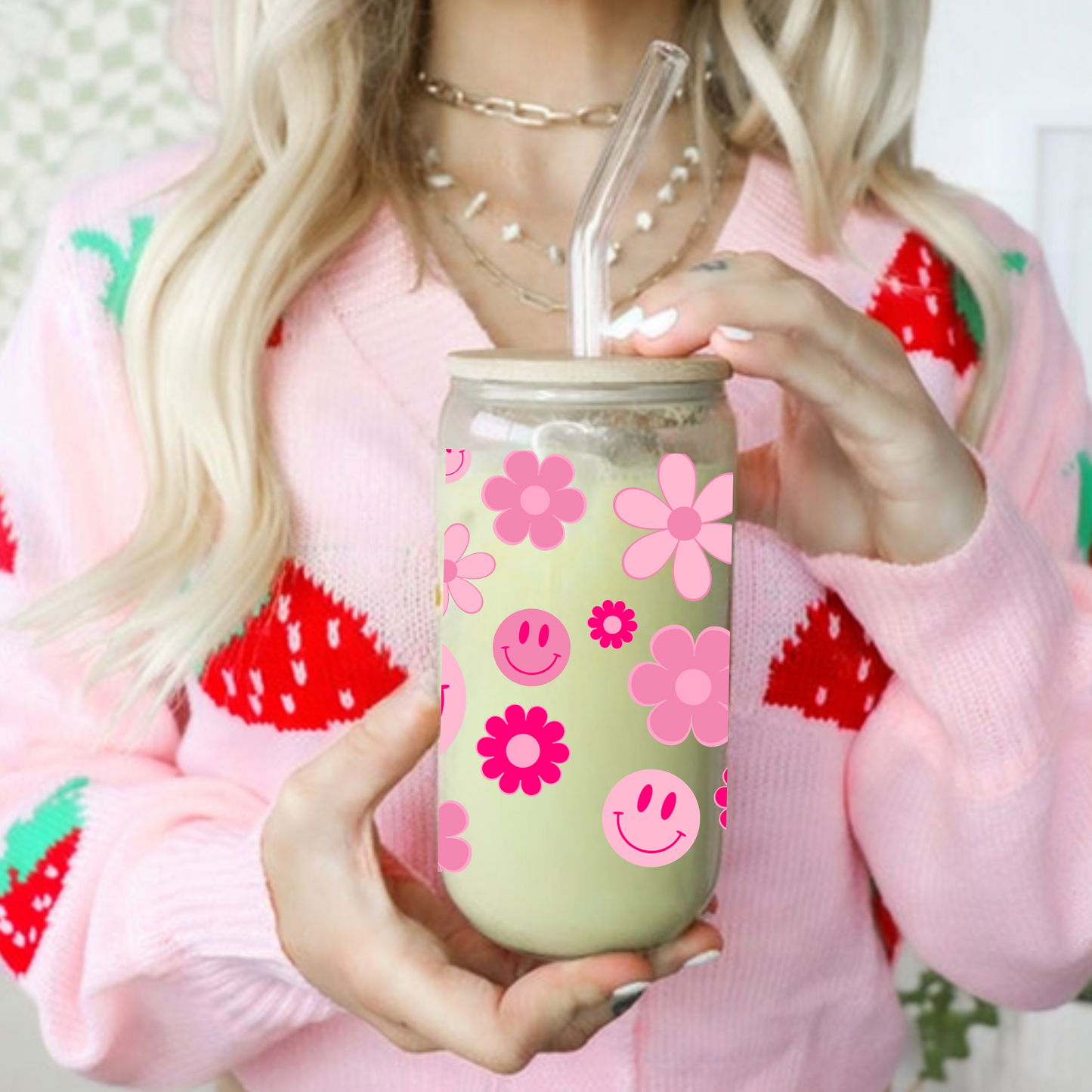 Pink Flowers and Smiley Faces Cute 16oz Sipper Glass