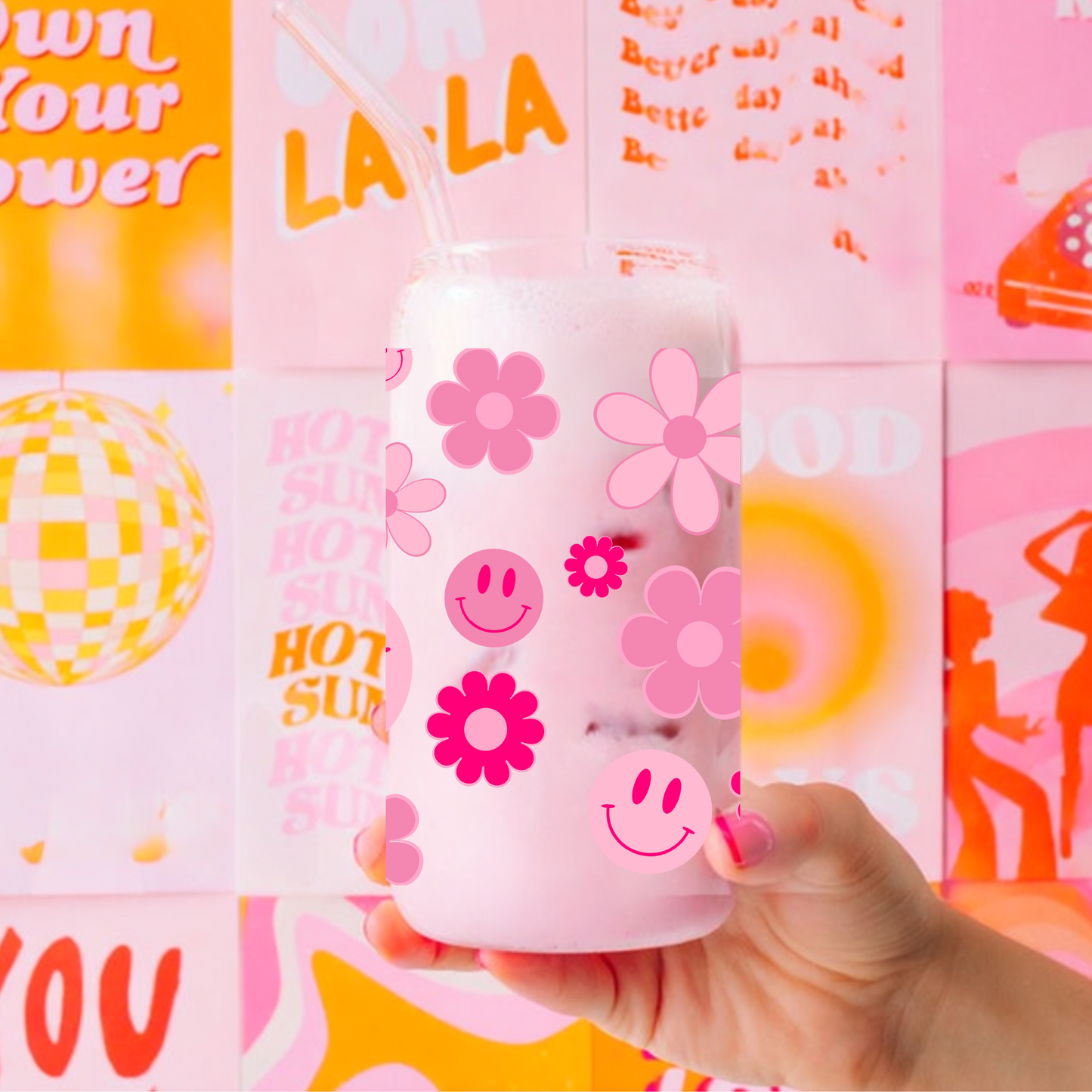 Pink Flowers and Smiley Faces Cute 16oz Sipper Glass