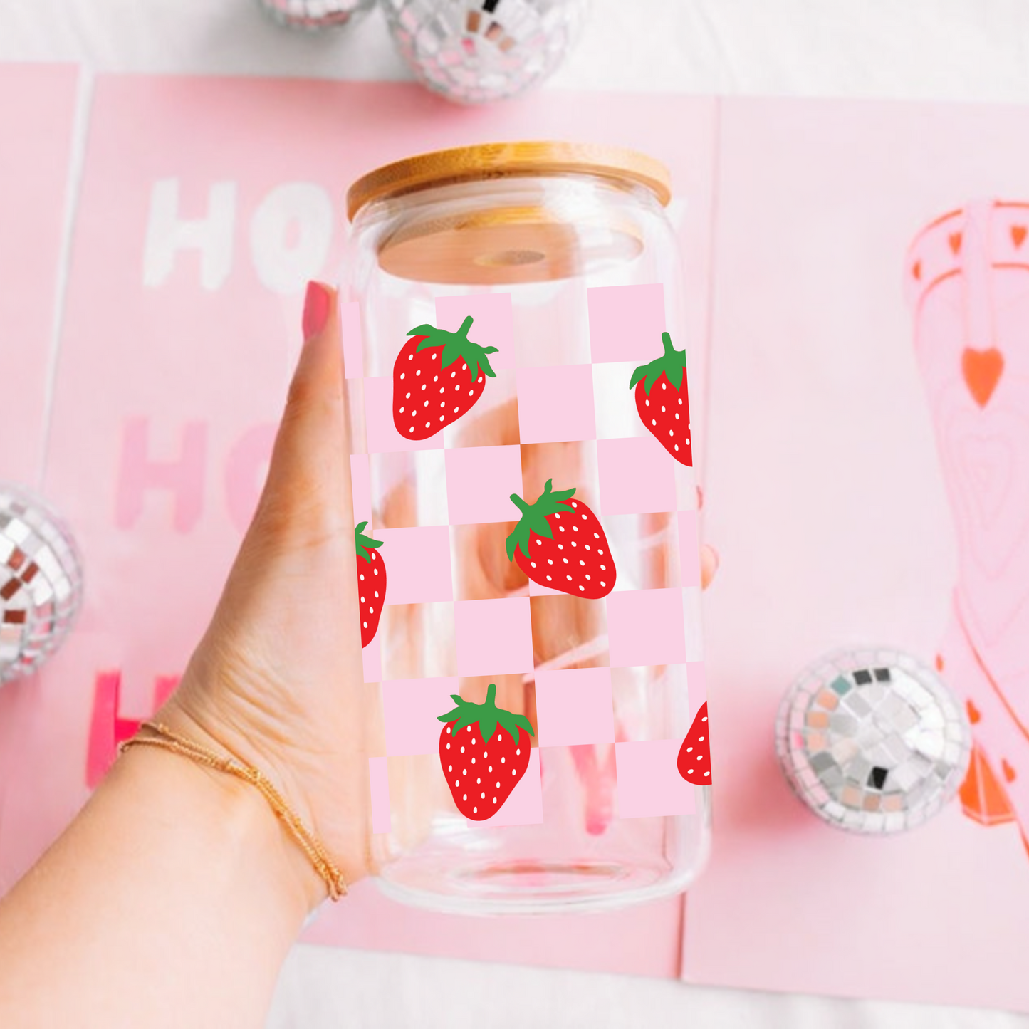 Pink Checkerboard and Strawberries Cute 16oz Sipper Glass