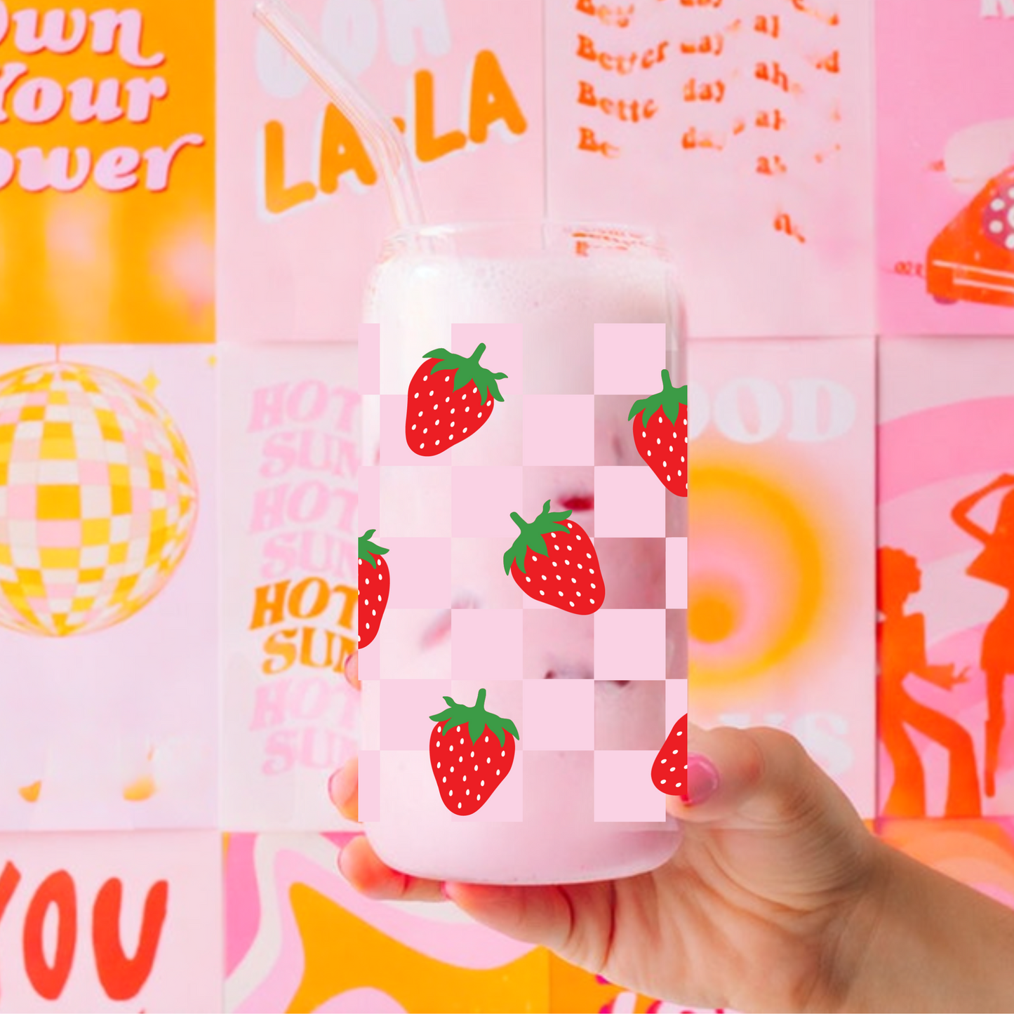Pink Checkerboard and Strawberries Cute 16oz Sipper Glass