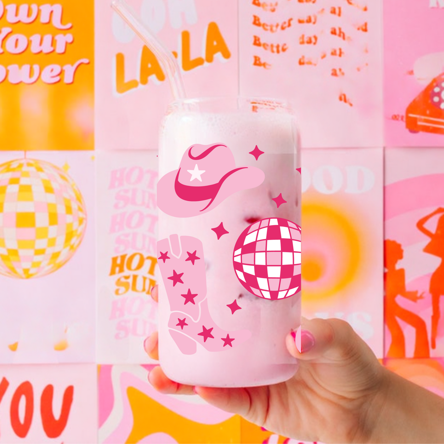 Pink Cowboy Boots Cute 16oz Sipper Glass