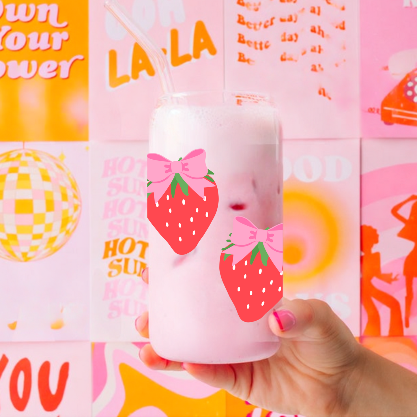 Strawberry With Bows Cute 16oz Sipper Glass