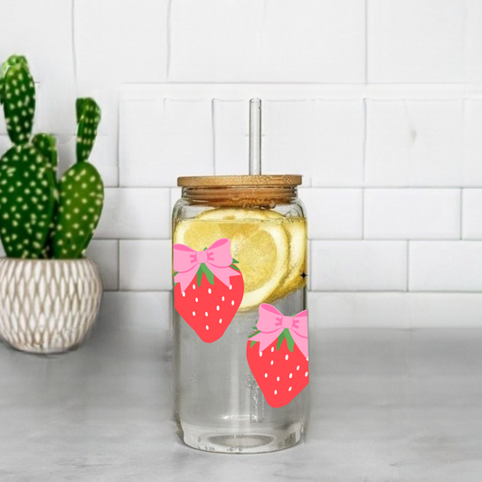 Strawberry With Bows Cute 16oz Sipper Glass