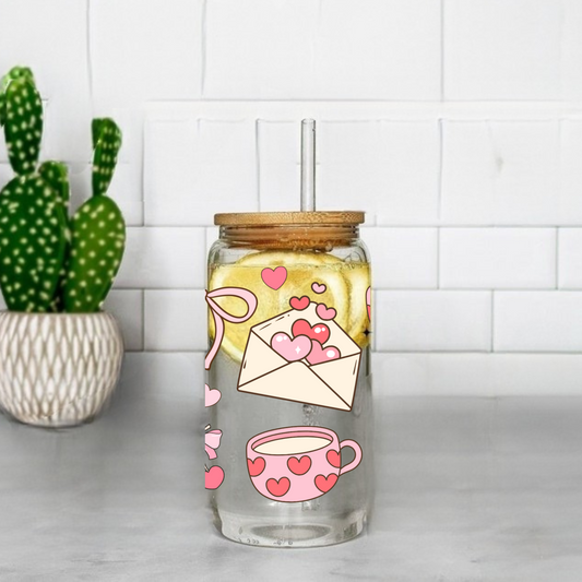 Cute Valentines Hearts 16oz Sipper Glass