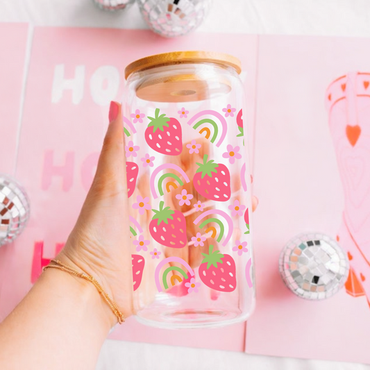 Strawberries and Rainbows Cute 16oz Sipper Glass