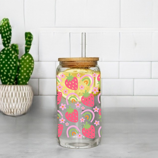 Strawberries and Rainbows Cute 16oz Sipper Glass