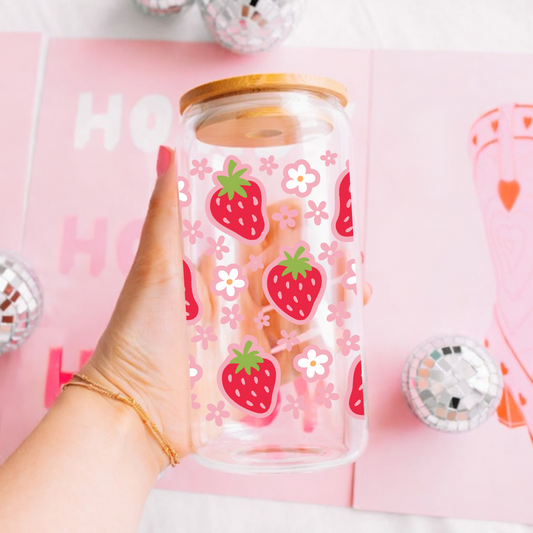 Strawberries and Pink Flowers Cute 16oz Sipper Glass