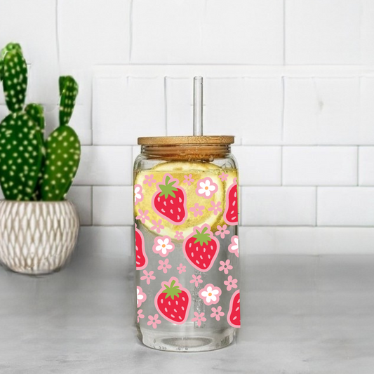 Strawberries and Pink Flowers Cute 16oz Sipper Glass