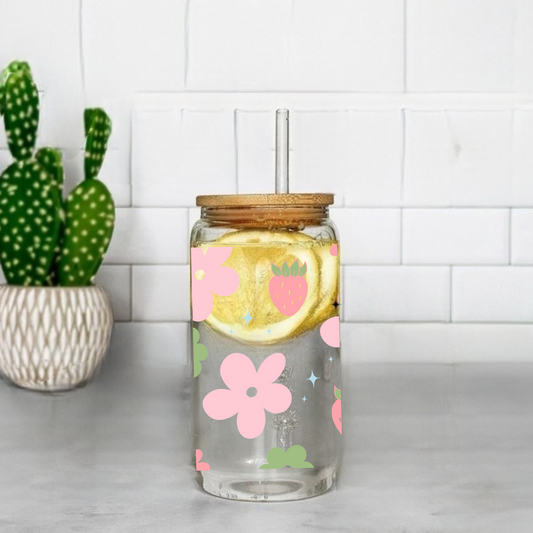 Doodle Flowers and Strawberries Cute 16oz Sipper Glass