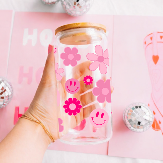 Pink Flowers and Smiley Faces Cute 16oz Sipper Glass