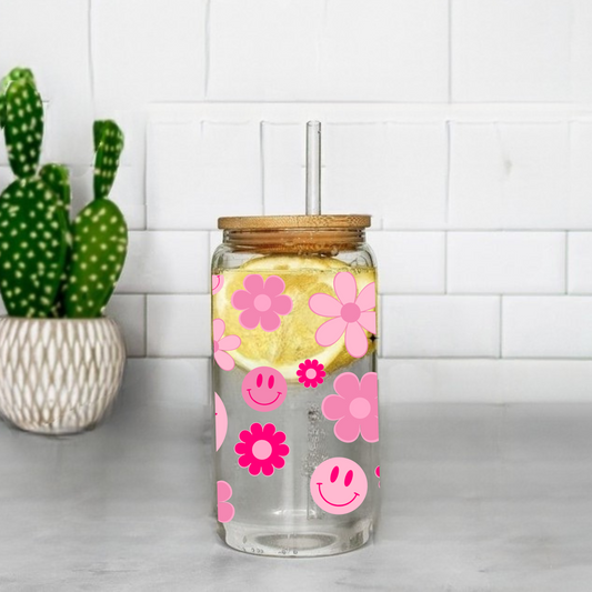Pink Flowers and Smiley Faces Cute 16oz Sipper Glass