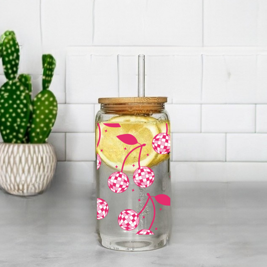 Pink Disco Ball Cherries Cute 16oz Sipper Glass