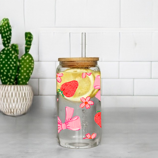 Doodle Strawberries and Bows Cute 16oz Sipper Glass