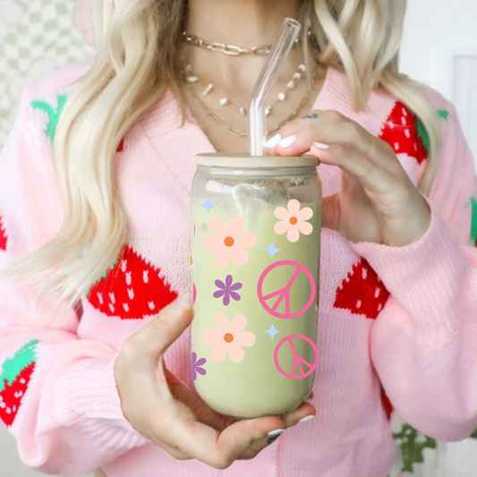 Peace Signs and Flowers Cute 16oz Sipper Glass