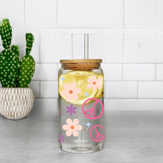Peace Signs and Flowers Cute 16oz Sipper Glass