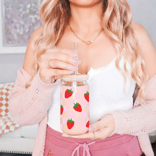 Pink Checkerboard and Strawberries Cute 16oz Sipper Glass