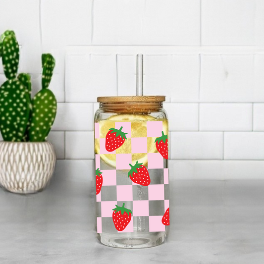 Pink Checkerboard and Strawberries Cute 16oz Sipper Glass