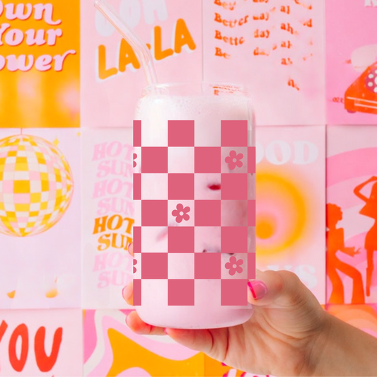 Pink Checkerboard and Flowers Cute 16oz Sipper Glass