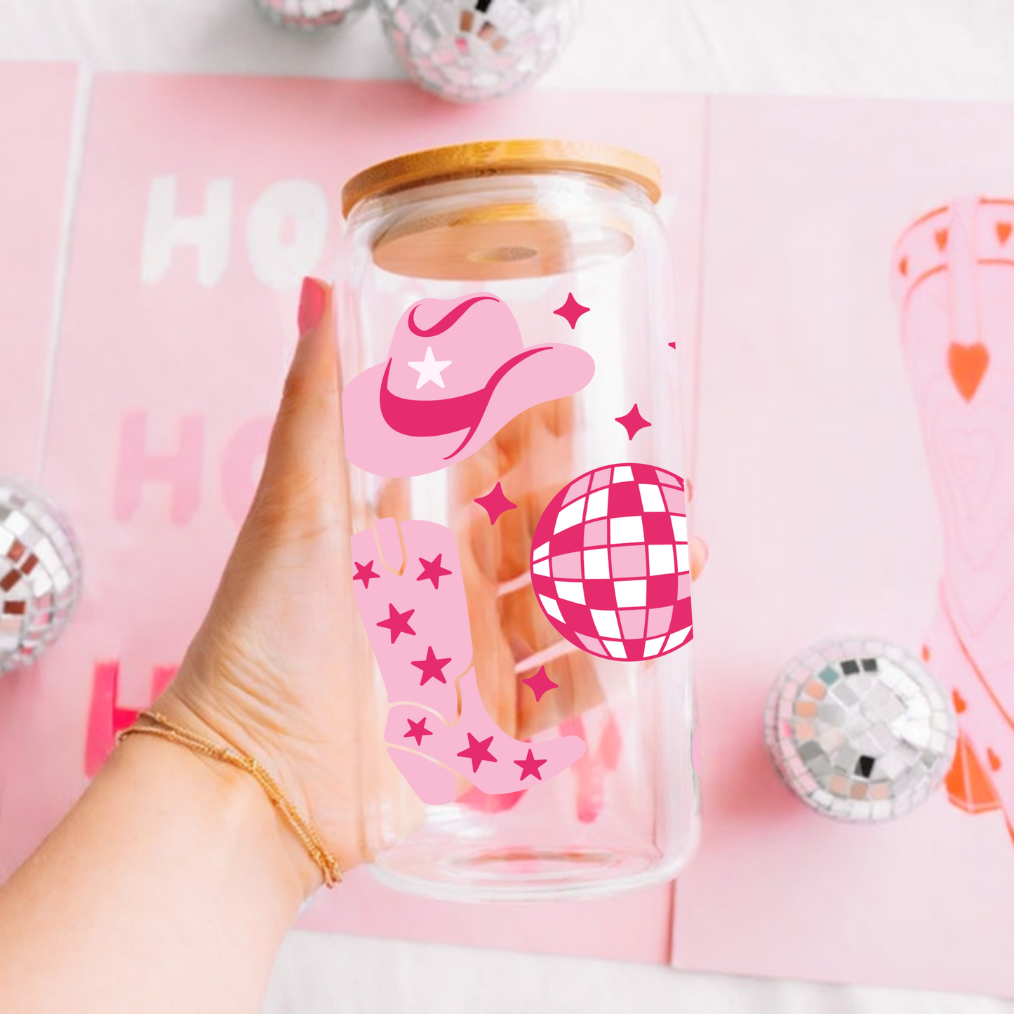 Pink Cowboy Boots Cute 16oz Sipper Glass
