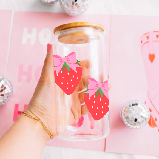 Strawberry With Bows Cute 16oz Sipper Glass